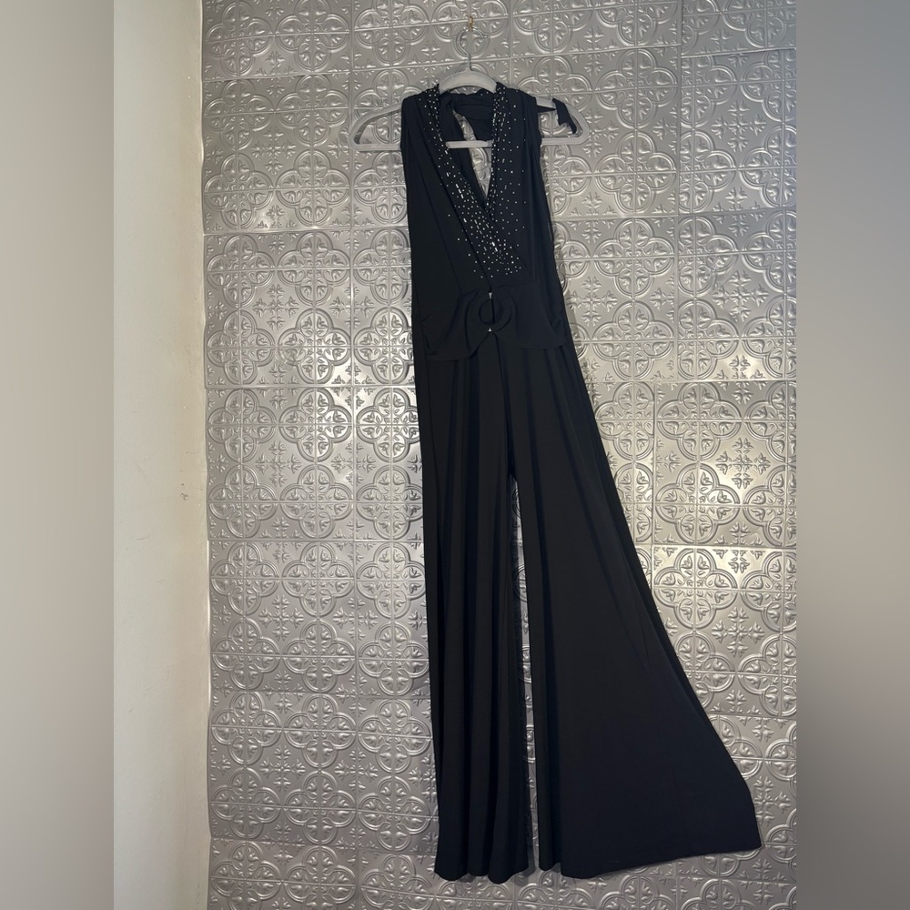 Joyce Leslie 90s Rhinestone Jumpsuit Deep V Neck Halter open back embellished